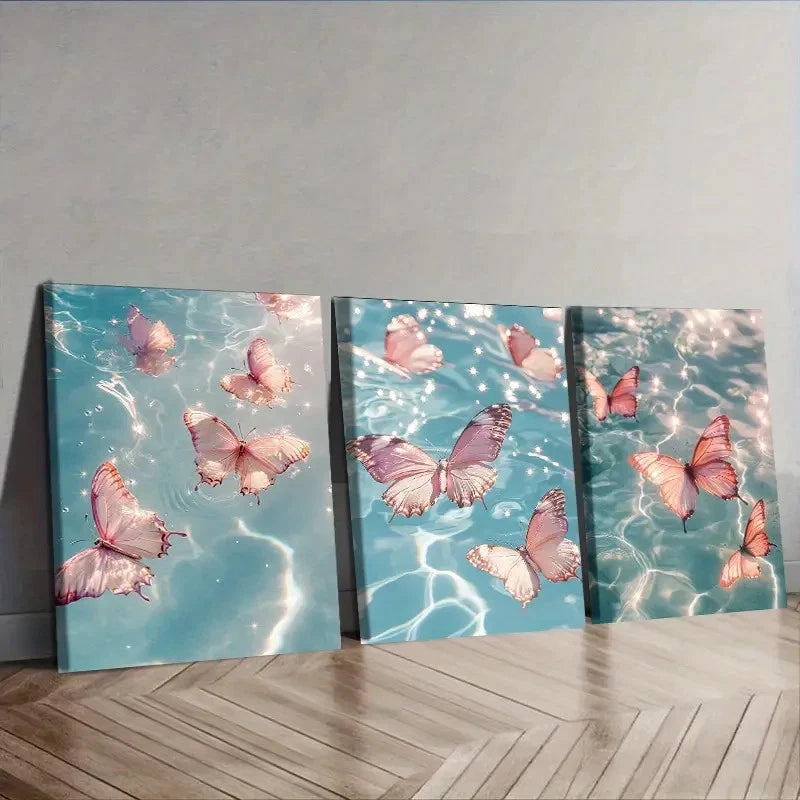 3pcs Several pink butterflies Wall Art Set Canvas Framed 50x70cm - High Quality Print 100% Australian Made Wall Canvas Ready to Hang