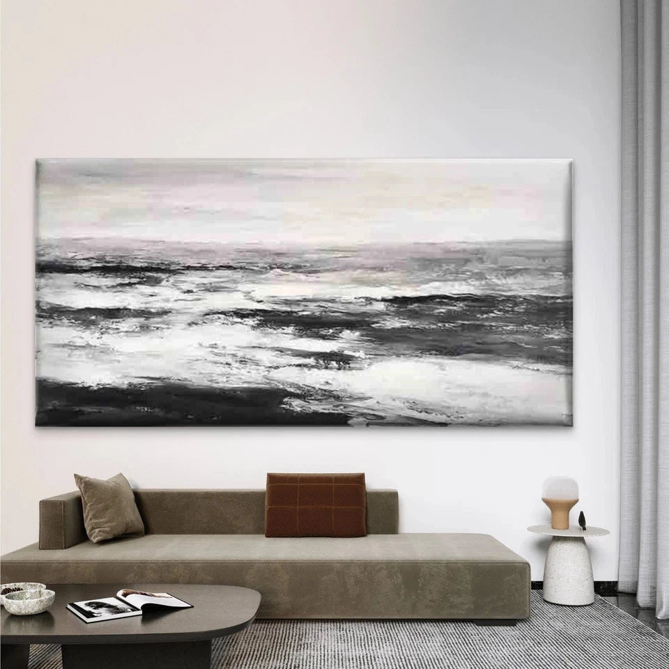 Abstract Black and White Ocean Wall Art Canvas Office Home Room Framed 120x60cm