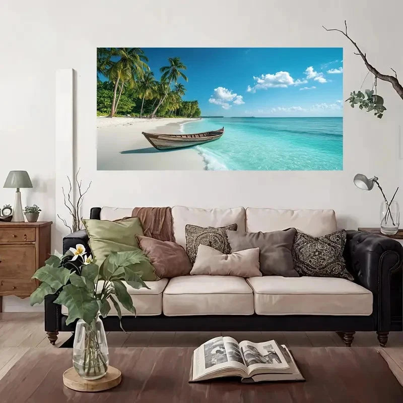 Turquoise Ocean Palm Trees Boat Wall Art Canvas Office Home Room Framed 120x60cm