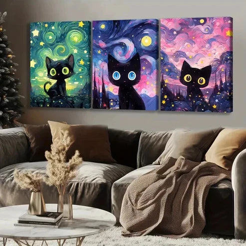 3pcs Cute Black Cat Fantasy Decorations Wall Art Set Canvas Unframed - High Quality Print 100% Australian Made Wall Canvas - Bella Home Decor