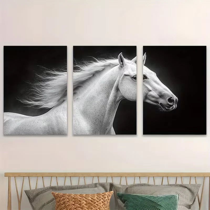 3pcs Graceful Black and White Horse Metal Print Ready to Hang Art