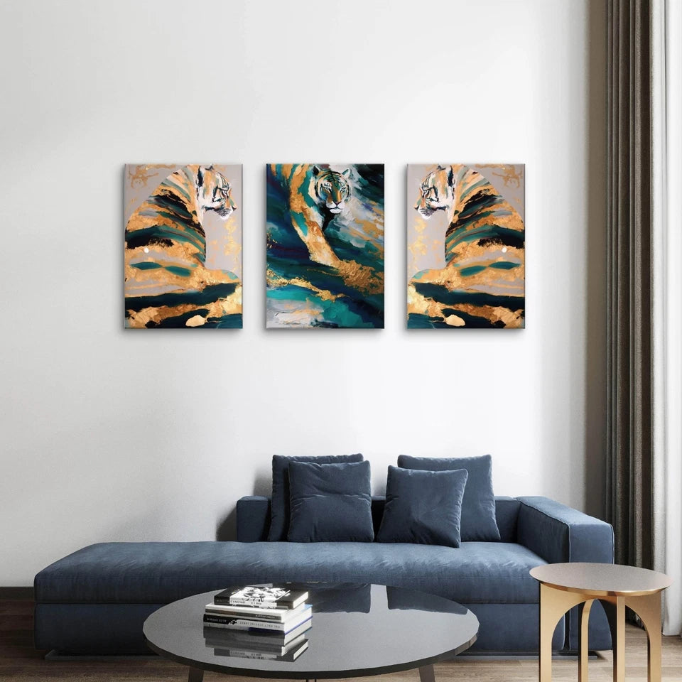 3pcs Modern Abstract Tiger and Gold Luxurious Wall Art Set Canvas Framed 40x60cm - High Quality Print 100% Australian Made Wall Canvas Ready to Hang