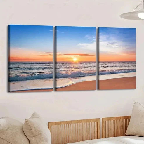 3pcs Beach Sunset Sunrise And Wave Wall Art Set Canvas Unframed - High Quality Print 100% Australian Made Wall Canvas - Bella Home Decor
