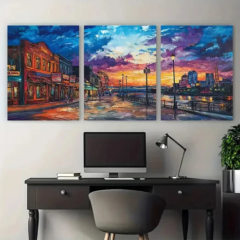 3pcs Memphis Sunset Nighttime Cityscape Wall Art Set Canvas Unframed - High Quality Print 100% Australian Made Wall Canvas
