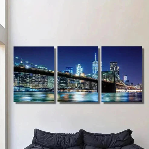 3pcs Nighttime Cityscape with a Bridge Wall Art Set Canvas Unframed - High Quality Print 100% Australian Made Wall Canvas