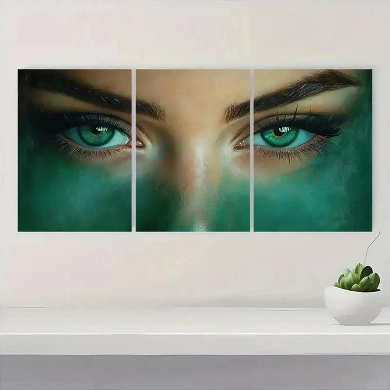 3pcs Green Striped Female Eyes S Wall Art Set Canvas Framed 60x90cm - High Quality Print 100% Australian Made Wall Canvas Ready to Hang