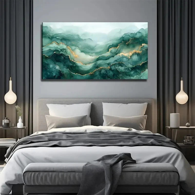 Green Gilded Nature Wall Art Canvas Office Home Room Framed 120x60cm