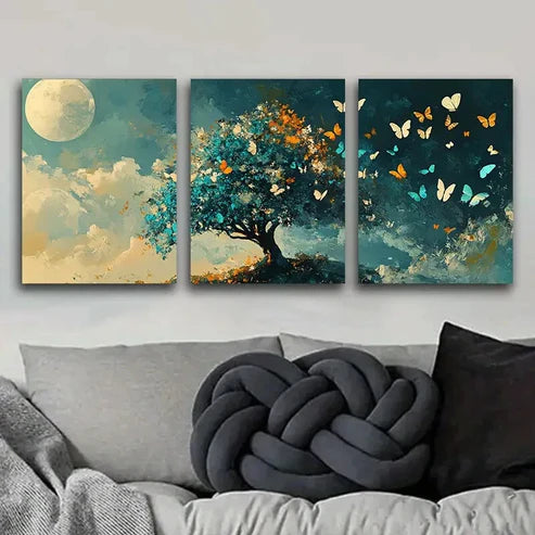 3pcs Butterfly Tree Design Durable Luxury Moon Wall Art Set Canvas Unframed - High Quality Print 100% Australian Made Wall Canvas - Bella Home Decor