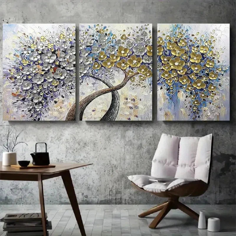 3pcs Abstract Metallic Floral Tree Wall Art Set Canvas Framed 40x60cm - High Quality Print 100% Australian Made Wall Canvas Ready to Hang
