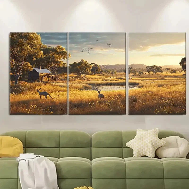 3pcs Pastoral Scene Outback Australia Wall Art Set Canvas Framed 50x70cm - High Quality Print 100% Australian Made Wall Canvas Ready to Hang