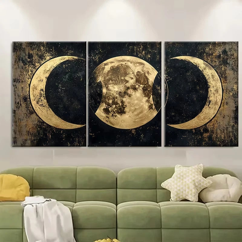 3pcs Moon Phases Black and Golden Metal Print Ready to Hang Art