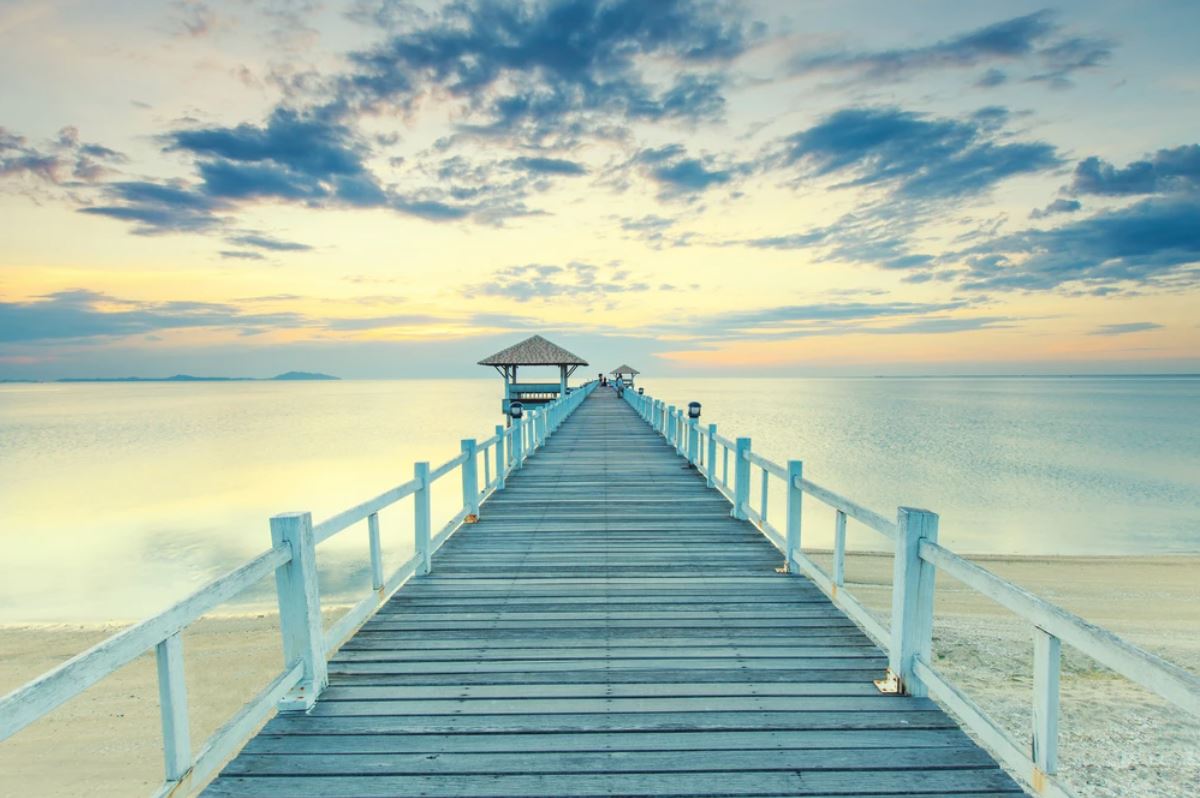 Wallpaper Murals Peel and Stick Removable Wooden Bridge Over Beach Photograph High Quality