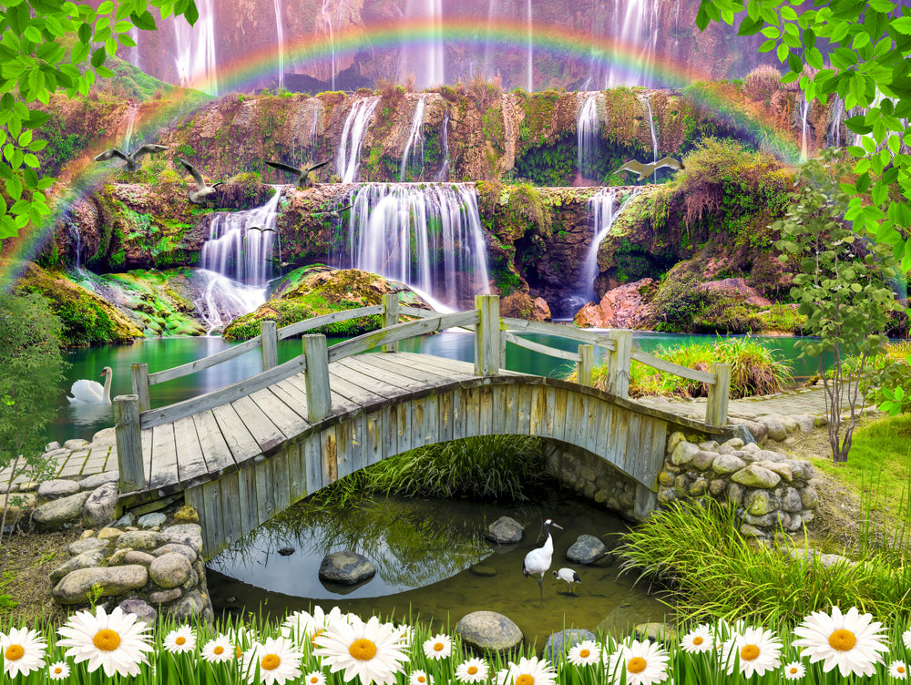 Waterfall & Bridge Digital Art Home Decor Premium Quality Poster Print Choose Your Sizes
