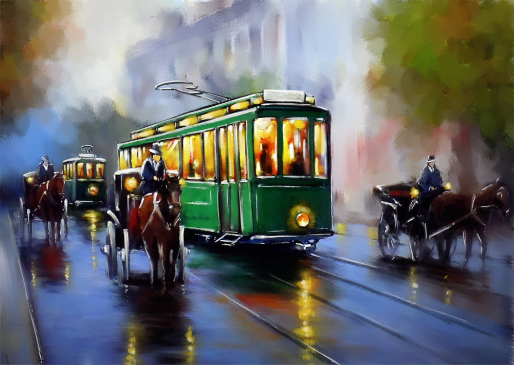 Tram in Street Oil Painting Home Decor Premium Quality Poster Print Choose Your Sizes