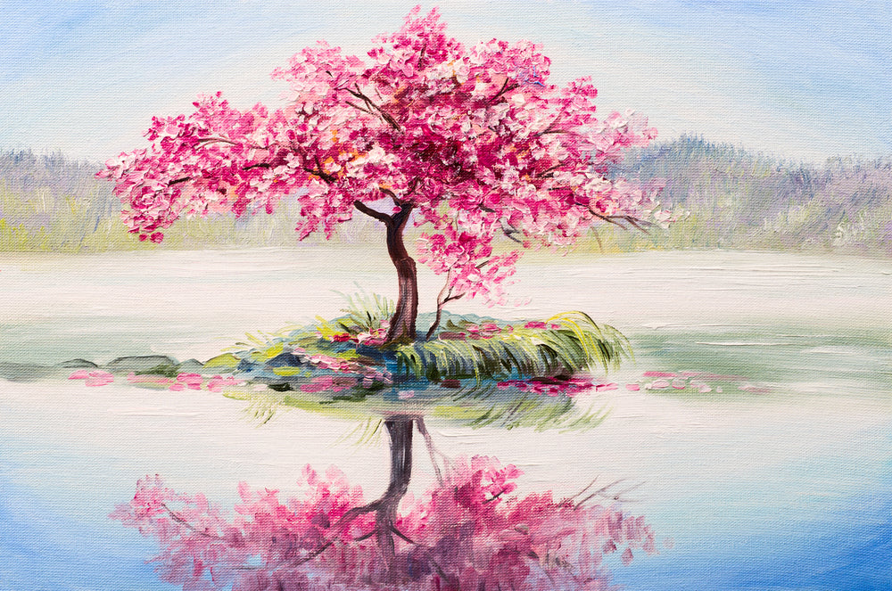 Tree in a Lake with Rose Flowers Painting Print 100% Australian Made