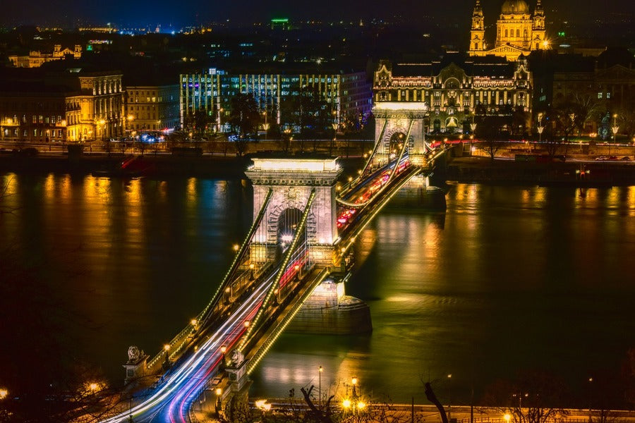 Chain Bridge Budapest Hungary Night View Photograph Print 100% Australian Made