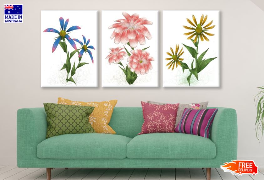 3 Set of Colorful Flowers Painting High Quality Print 100% Australian Made Wall Canvas Ready to Hang