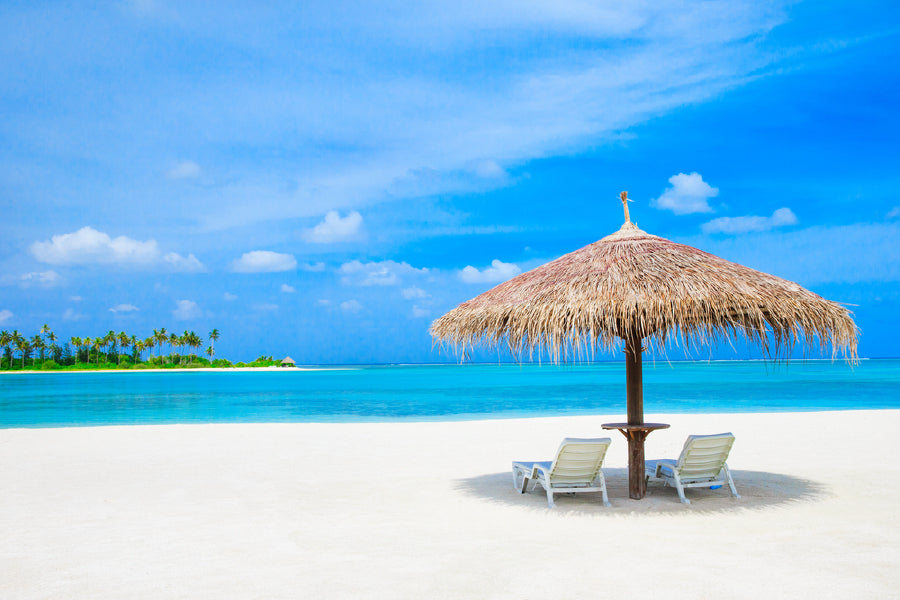 Beds & Umbrella Near Maldives Sea Photograph Print 100% Australian Made