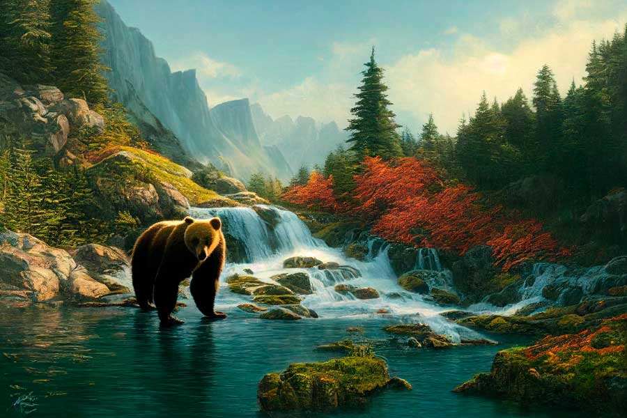 Bella Home Bear By River Mountains Painting Print Canvas Ready to hang