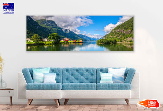 Panoramic Canvas Mountains & Lake View Photograph High Quality 100% Australian Made Wall Canvas Print Ready to Hang