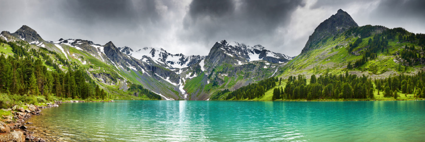 Panoramic Canvas Cloudy Mountain Lake Photograph High Quality 100% Australian Made Wall Canvas Print Ready to Hang