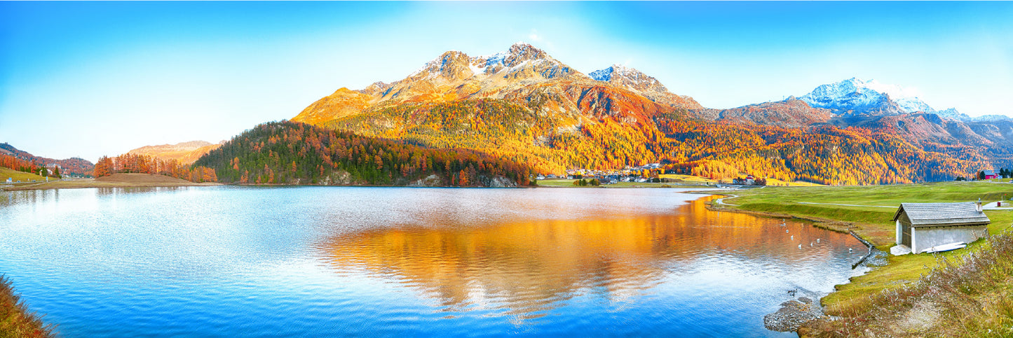 Panoramic Canvas Silvaplana Lake View Photograph High Quality 100% Australian Made Wall Canvas Print Ready to Hang