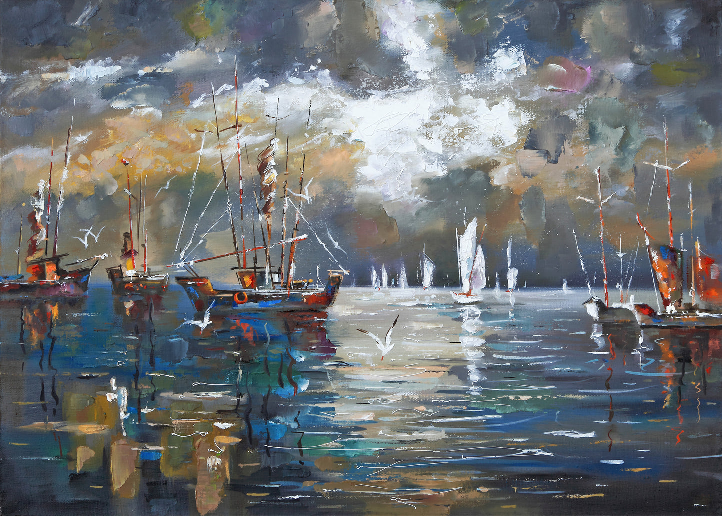 Fishing Boats on Sea Watercolor Painting Print 100% Australian Made