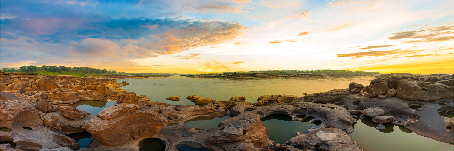 Panoramic Canvas Rocks on Lake Sunset View Photograph High Quality 100% Australian Made Wall Canvas Print Ready to Hang