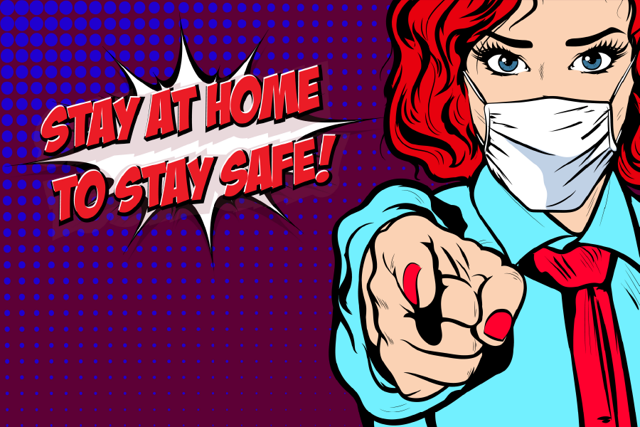 Stay At Home To Stay Safe Masked Woman Illustration Print 100% Australian Made