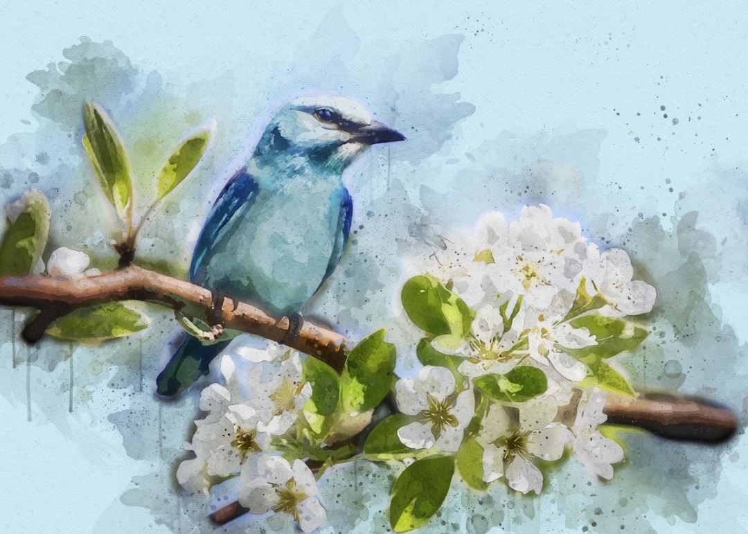 Bird on Flower Tree Painting Home Decor Premium Quality Poster Print Choose Your Sizes