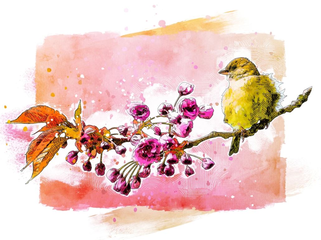 Bird on Flower Tree Painting Home Decor Premium Quality Poster Print Choose Your Sizes