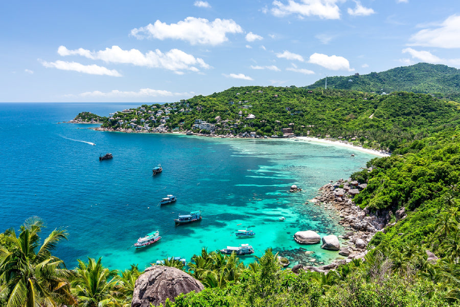Boats on Island Sea & Forest View Photograph Home Decor Premium Quality Poster Print Choose Your Sizes