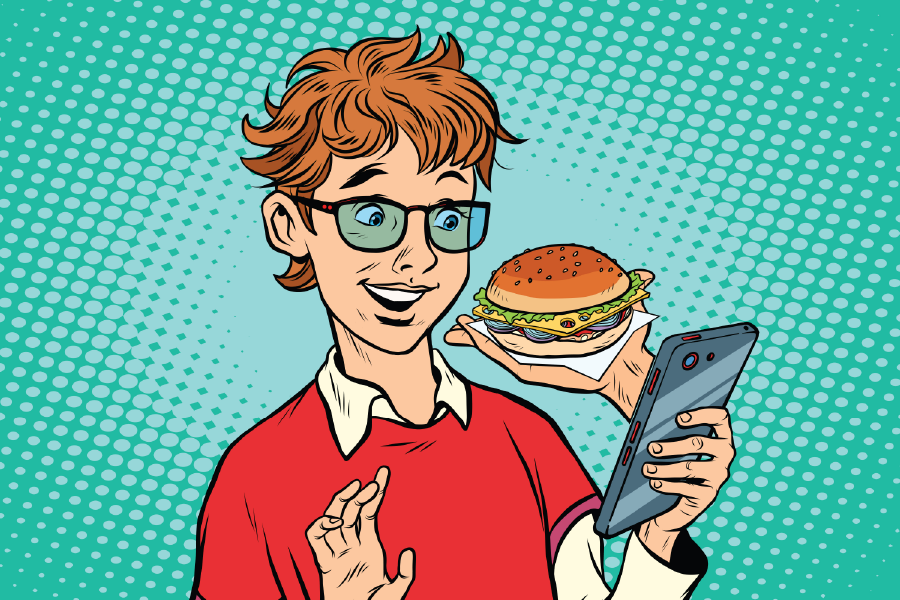 Man Holding Mobile & Burger Illustration Print 100% Australian Made