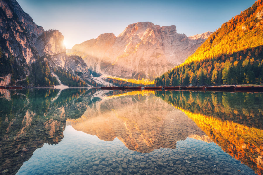 Braies Lake at Sunrise in Autumn View Photograph Print 100% Australian Made