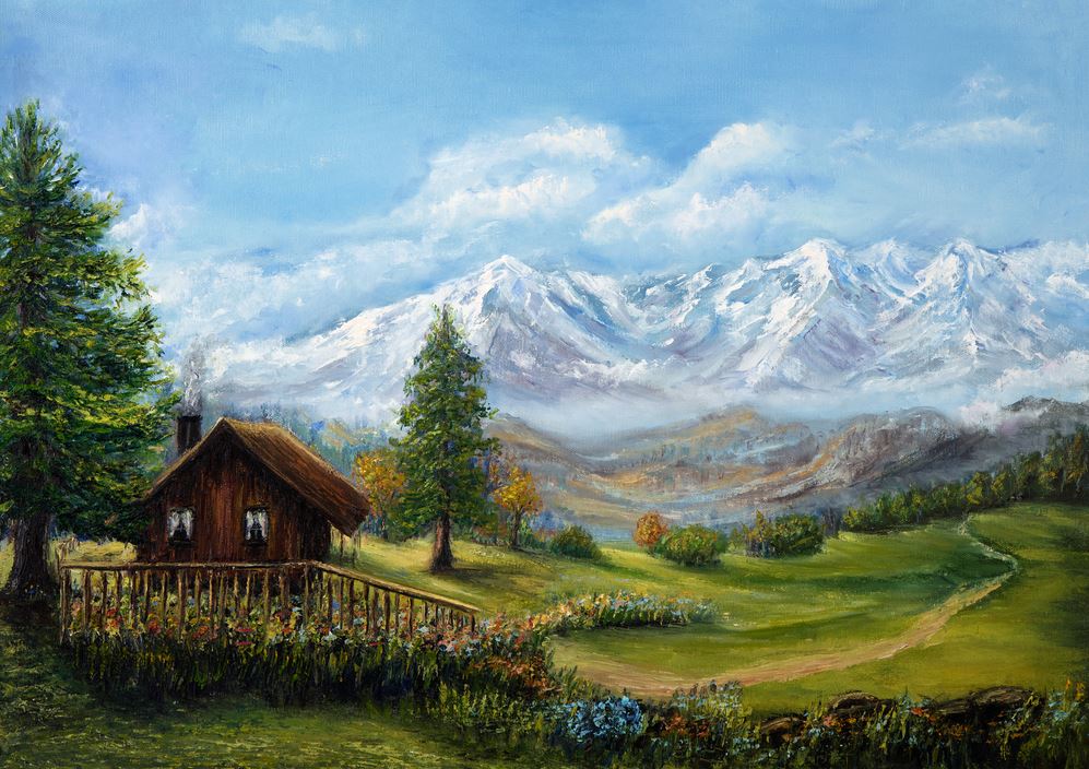 House & Mountain View Landscape Painting Print 100% Australian Made