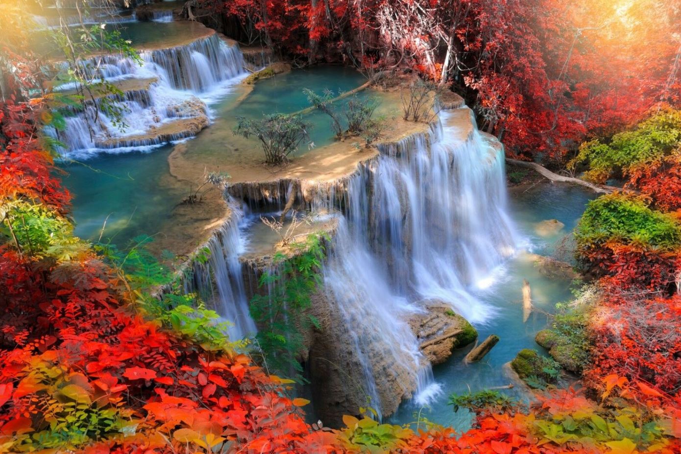 Waterfall with Red Flowers Photograph Print 100% Australian Made