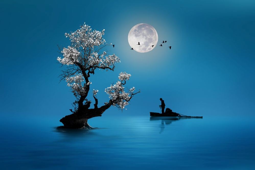 Fisherman on Lake Under Moonlight Print 100% Australian Made