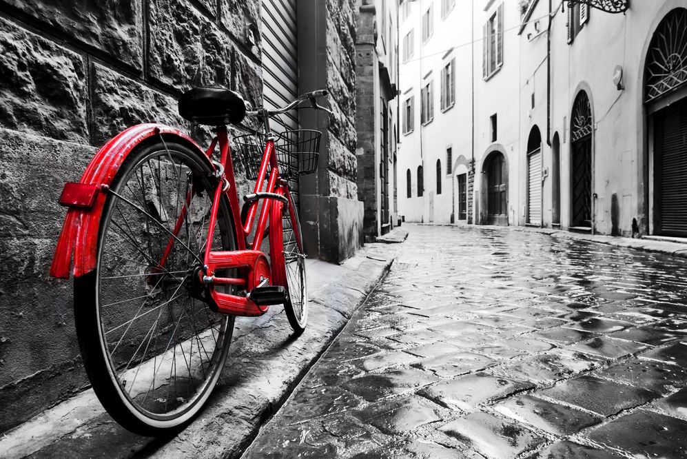 B&W Buildings with Red Cycle Print 100% Australian Made