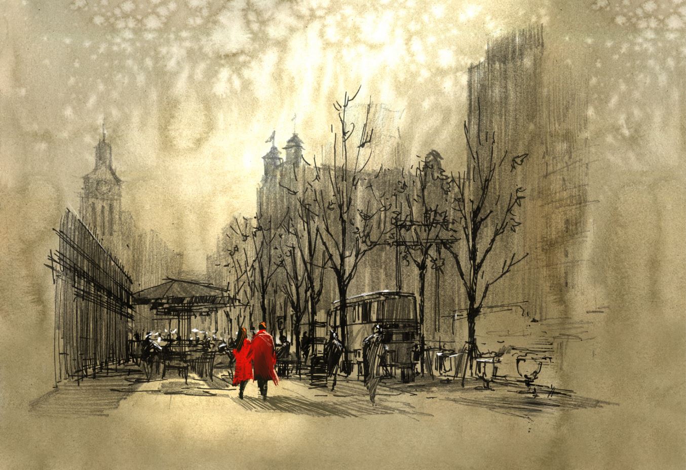 Couple Walking in Street Painting Home Decor Premium Quality Poster Print Choose Your Sizes