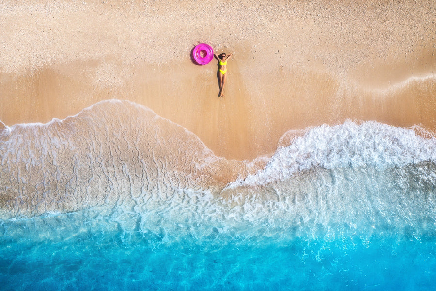 Girl on Sandy Sea & Waves Aerial Photograph Home Decor Premium Quality Poster Print Choose Your Sizes