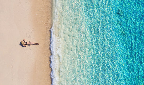 Bikini Girl on Sea Shore Aerial Print 100% Australian Made
