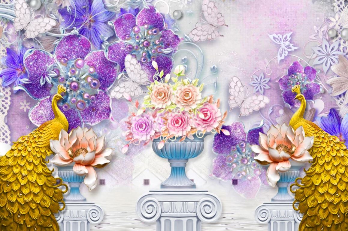 Peacocks & Flowers 3D Design Home Decor Premium Quality Poster Print Choose Your Sizes
