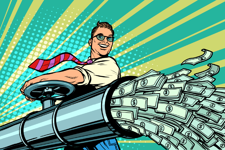 Man Opening Money Tap Illustration Print 100% Australian Made