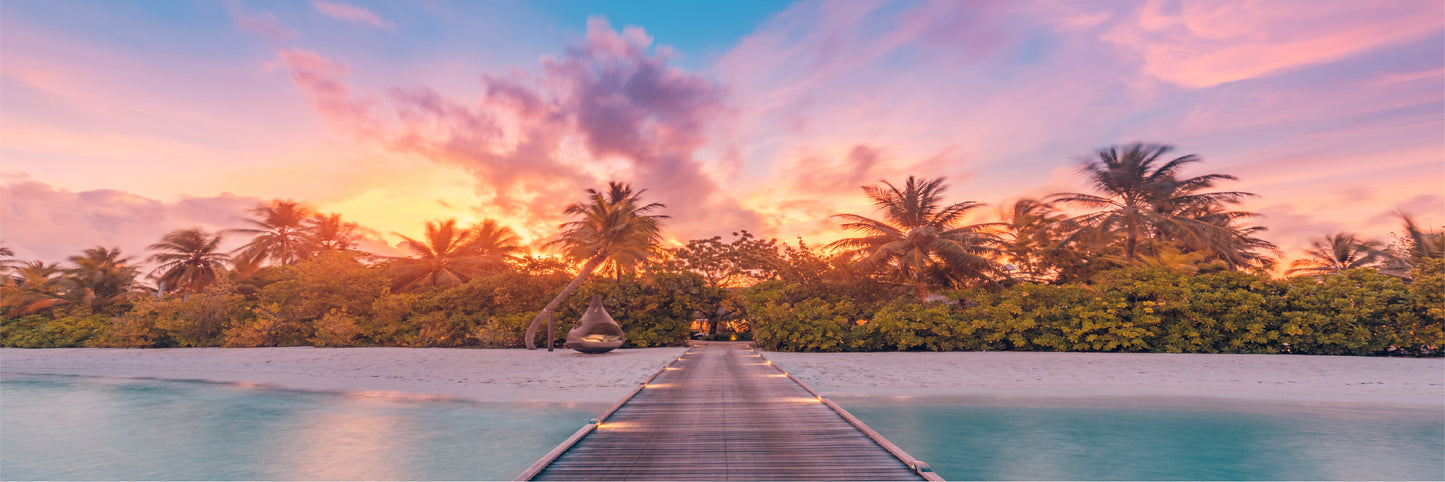 Panoramic Canvas Wooden Pier & Island at Sunset Photograph High Quality 100% Australian Made Wall Canvas Print Ready to Hang