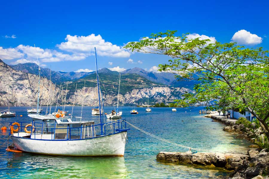 Bella Home Sea Boats & Mountain Range View Print Canvas Ready to hang