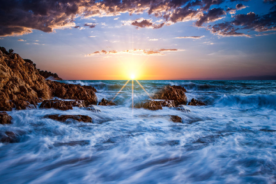 Rocks on Sea Sunset Cloudy Sky Photograph Print 100% Australian Made