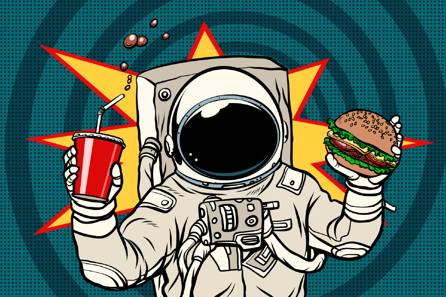 Astronaut Holding Burger & Cola Drink Illustration Print 100% Australian Made