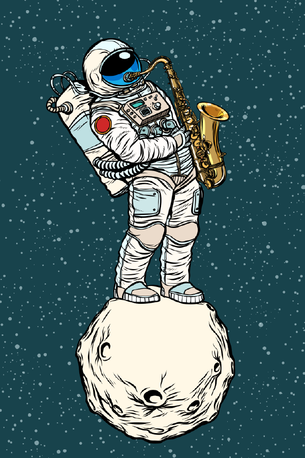 Astronaut Standing on a Planet Playing Saxophone Illustration Print 100% Australian Made