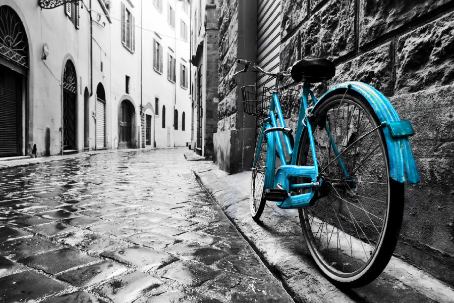 Blue Bike on Old Town Street B&W Photograph Print 100% Australian Made