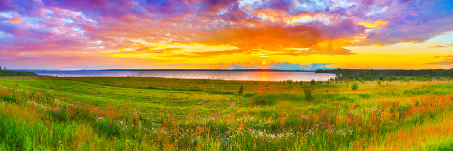 Panoramic Canvas Grass Field & Lake View Photograph High Quality 100% Australian Made Wall Canvas Print Ready to Hang